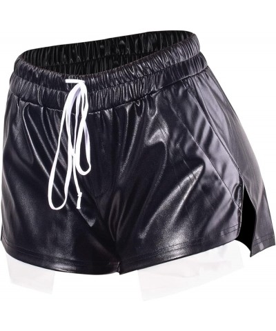 Women Leather Shorts Sexy Pocket Patchwork Side Slit Drawstring Hot Pants Black $11.75 Shorts