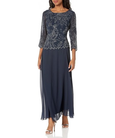 Women's Petite 3/4 Floral Beaded Gown Navy/Luster/Grey $63.98 Dresses