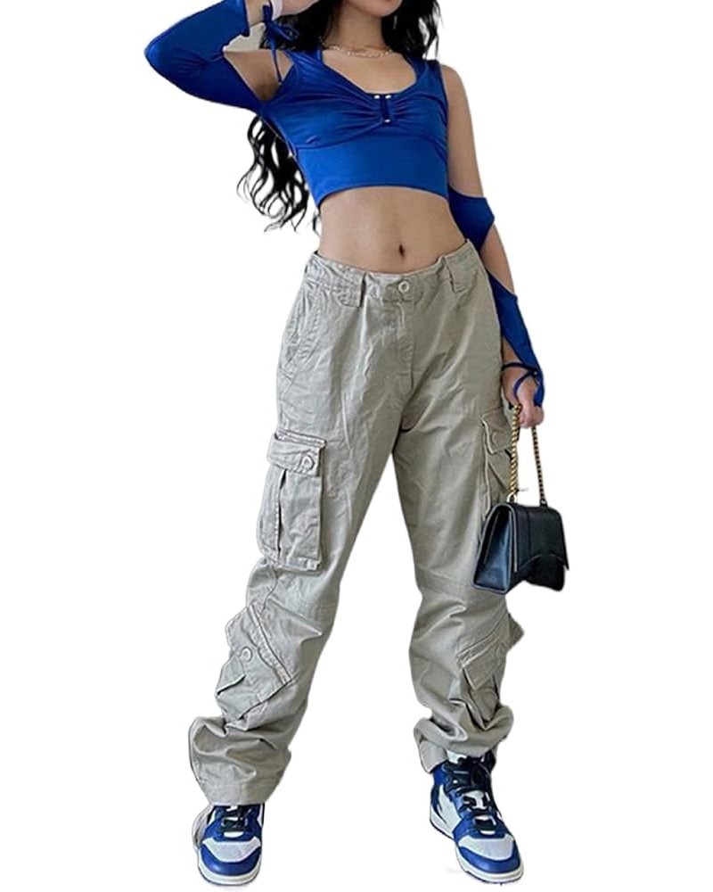 Y2K Pants for Women Low Waist Straight Wide Leg Cargo Pants Retro Harajuku Denim Jeans Pockets Trousers Streetwear Light Grey...