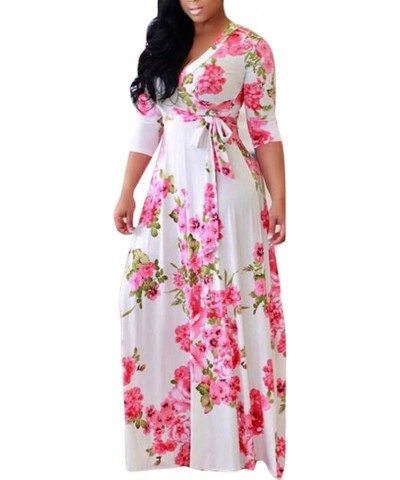 Women 3/4 Long Sleeve Wrap V Neck Floral Printed Long Maxi Dress Plus Size White $17.15 Dresses