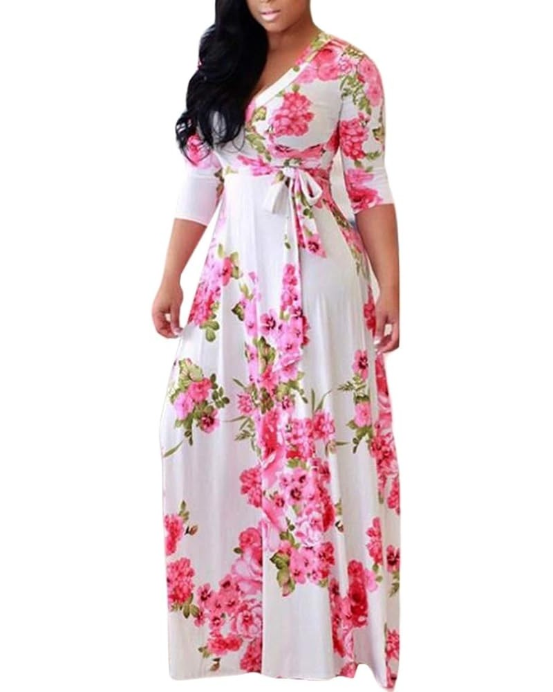 Women 3/4 Long Sleeve Wrap V Neck Floral Printed Long Maxi Dress Plus Size White $17.15 Dresses