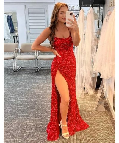 Women's Long Sequin Prom Dress Spaghetti Straps with Slit, Mermaid Glitter Sequins Cocktail Party Gowns Hot Pink $42.84 Dresses