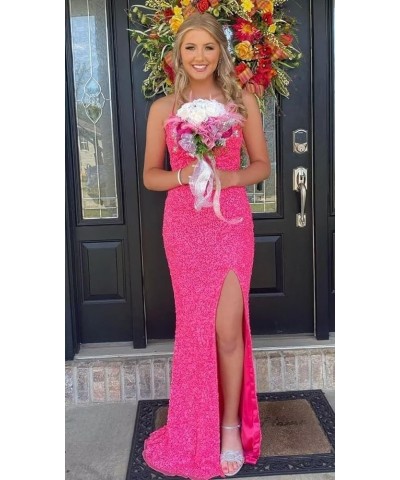 Women's Long Sequin Prom Dress Spaghetti Straps with Slit, Mermaid Glitter Sequins Cocktail Party Gowns Hot Pink $42.84 Dresses