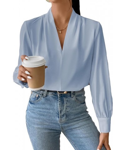 Long Sleeve Shirts for Women Trendy V Neck Summer Tops Dressy Casual Chiffon Blouses Loose Fit Work Office Blouse Top B Sky B...