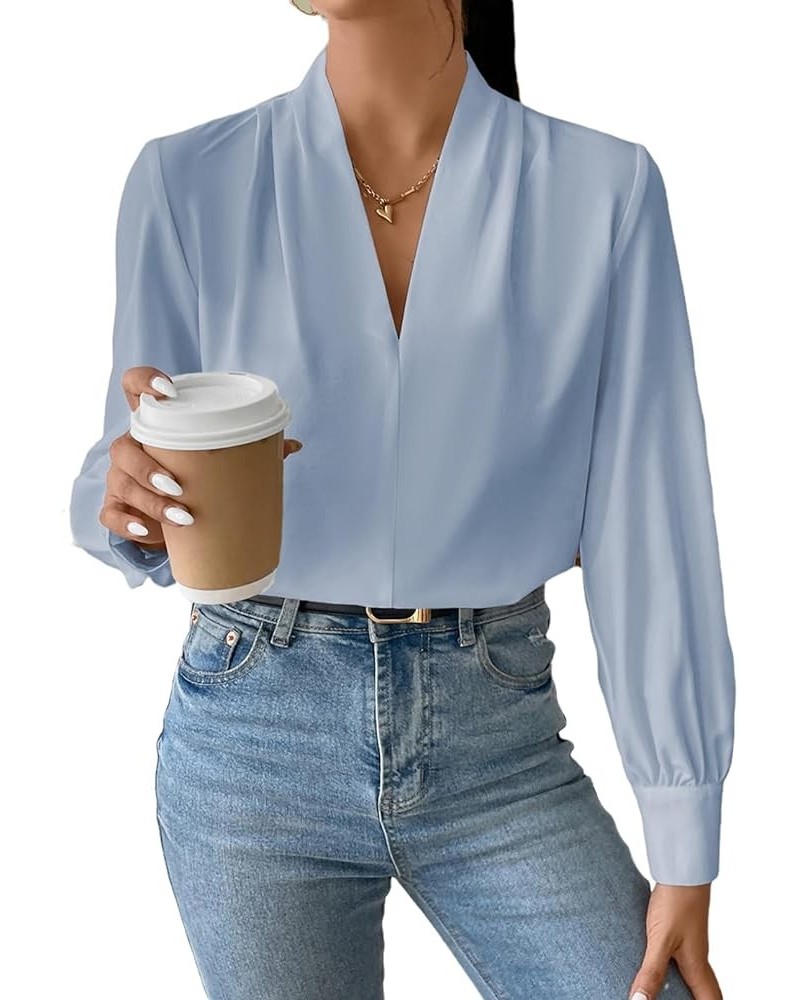 Long Sleeve Shirts for Women Trendy V Neck Summer Tops Dressy Casual Chiffon Blouses Loose Fit Work Office Blouse Top B Sky B...