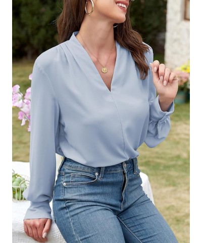 Long Sleeve Shirts for Women Trendy V Neck Summer Tops Dressy Casual Chiffon Blouses Loose Fit Work Office Blouse Top B Sky B...