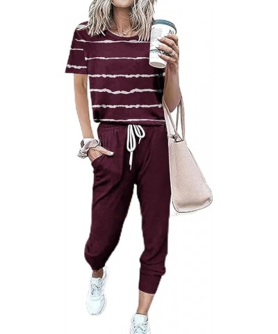 2 Piece Summer Sets for Women Two Piece Loungewear Sets Short Sleeve Pullover With Drawstring Long Pants Jogger Set A11-wine ...