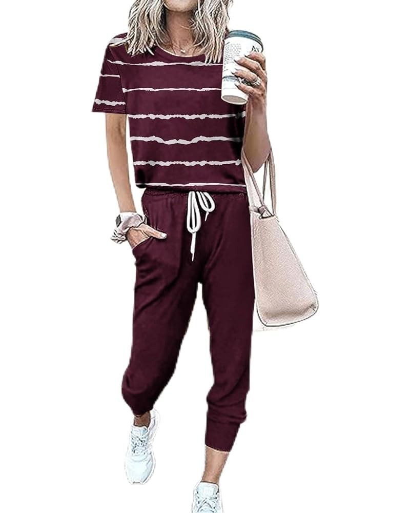 2 Piece Summer Sets for Women Two Piece Loungewear Sets Short Sleeve Pullover With Drawstring Long Pants Jogger Set A11-wine ...