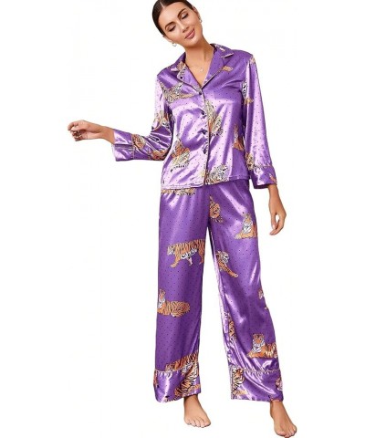 Women's Sleepwear Striped Satin Short Sleeve Shirt and Pants Pajama Set Purple Animal $12.74 Sleep & Lounge