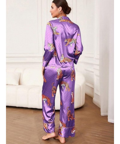 Women's Sleepwear Striped Satin Short Sleeve Shirt and Pants Pajama Set Purple Animal $12.74 Sleep & Lounge