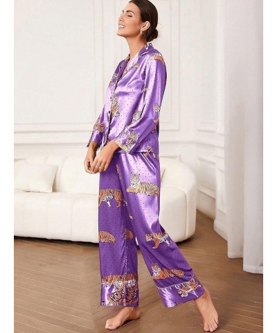 Women's Sleepwear Striped Satin Short Sleeve Shirt and Pants Pajama Set Purple Animal $12.74 Sleep & Lounge