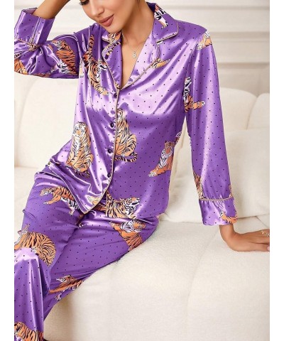 Women's Sleepwear Striped Satin Short Sleeve Shirt and Pants Pajama Set Purple Animal $12.74 Sleep & Lounge