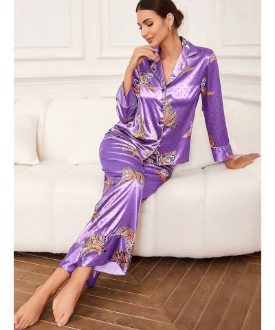 Women's Sleepwear Striped Satin Short Sleeve Shirt and Pants Pajama Set Purple Animal $12.74 Sleep & Lounge