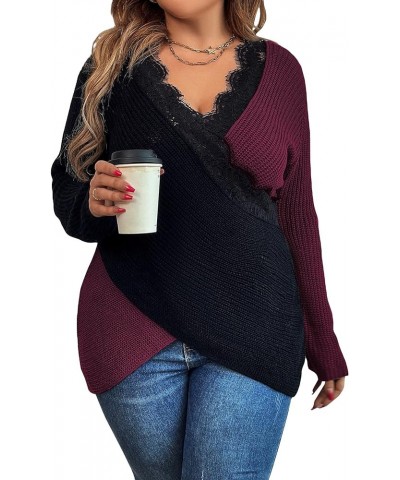 Women's Plus Size Color Block Lace Trim Criss Cross Wrap V Neck Sweater Long Sleeve Knitted Top Purple $19.35 Sweaters