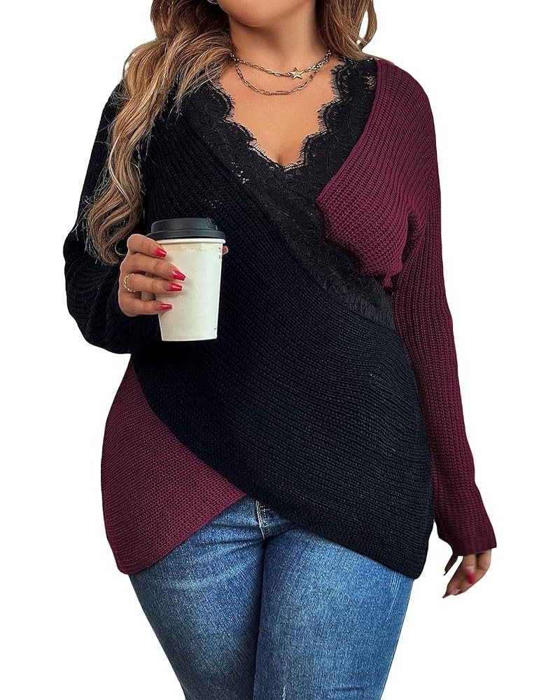 Women's Plus Size Color Block Lace Trim Criss Cross Wrap V Neck Sweater Long Sleeve Knitted Top Purple $19.35 Sweaters