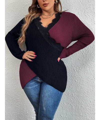 Women's Plus Size Color Block Lace Trim Criss Cross Wrap V Neck Sweater Long Sleeve Knitted Top Purple $19.35 Sweaters