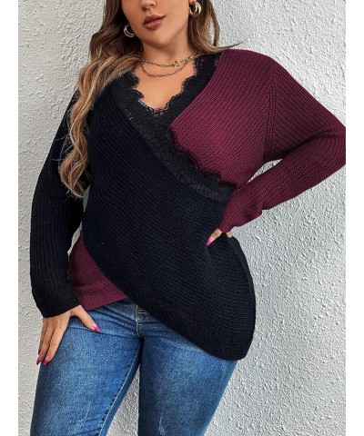 Women's Plus Size Color Block Lace Trim Criss Cross Wrap V Neck Sweater Long Sleeve Knitted Top Purple $19.35 Sweaters