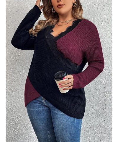 Women's Plus Size Color Block Lace Trim Criss Cross Wrap V Neck Sweater Long Sleeve Knitted Top Purple $19.35 Sweaters