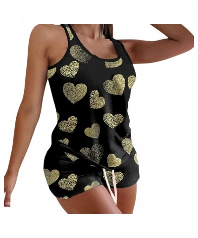 Valentine'S Day Pajamas For Women Sexy Heart Print Tank Tops Shorts Set Two Pieces Outfit Sleepwear Nightwear Lounge A06-blac...