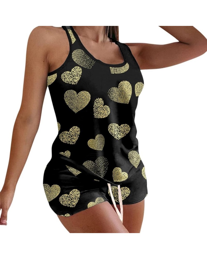 Valentine'S Day Pajamas For Women Sexy Heart Print Tank Tops Shorts Set Two Pieces Outfit Sleepwear Nightwear Lounge A06-blac...