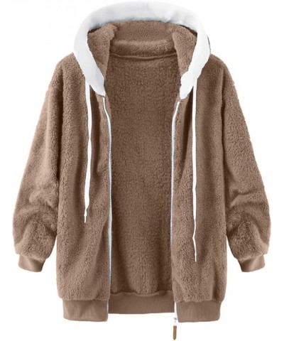 Women's Casual Color Block Plush Sweatshirt Zipper Hoodie Loose Blouse Warm Coat Fleece Women Full Zip Z01-khaki $9.10 Others