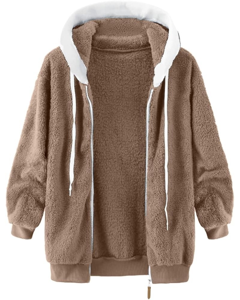 Women's Casual Color Block Plush Sweatshirt Zipper Hoodie Loose Blouse Warm Coat Fleece Women Full Zip Z01-khaki $9.10 Others