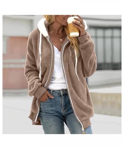 Women's Casual Color Block Plush Sweatshirt Zipper Hoodie Loose Blouse Warm Coat Fleece Women Full Zip Z01-khaki $9.10 Others