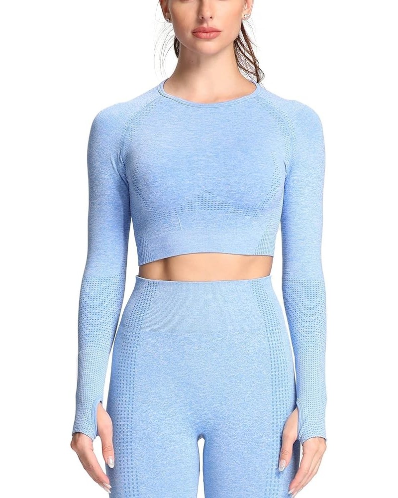 Long Sleeve Crop Tops for Women Vital Workout Seamless Crop T Shirt Top B Sky Blue Marl ( Crop Top ) $13.24 Activewear