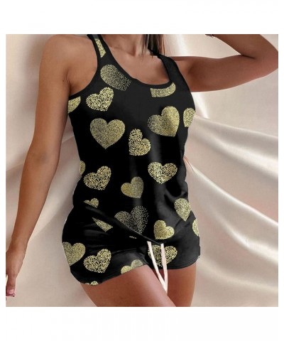 Valentine'S Day Pajamas For Women Sexy Heart Print Tank Tops Shorts Set Two Pieces Outfit Sleepwear Nightwear Lounge A06-blac...