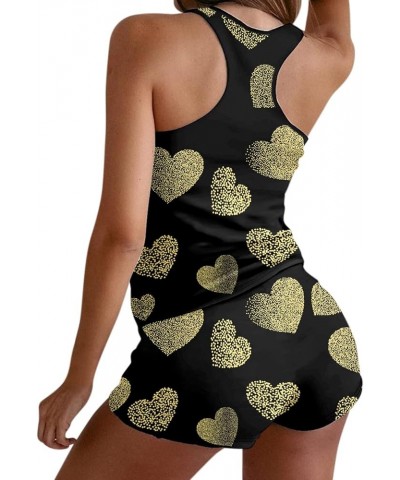 Valentine'S Day Pajamas For Women Sexy Heart Print Tank Tops Shorts Set Two Pieces Outfit Sleepwear Nightwear Lounge A06-blac...