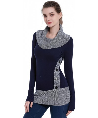 Women Cowl Neck Long Sleeve Button Embellished Tunic Sweater Navy Blue $21.56 Sweaters