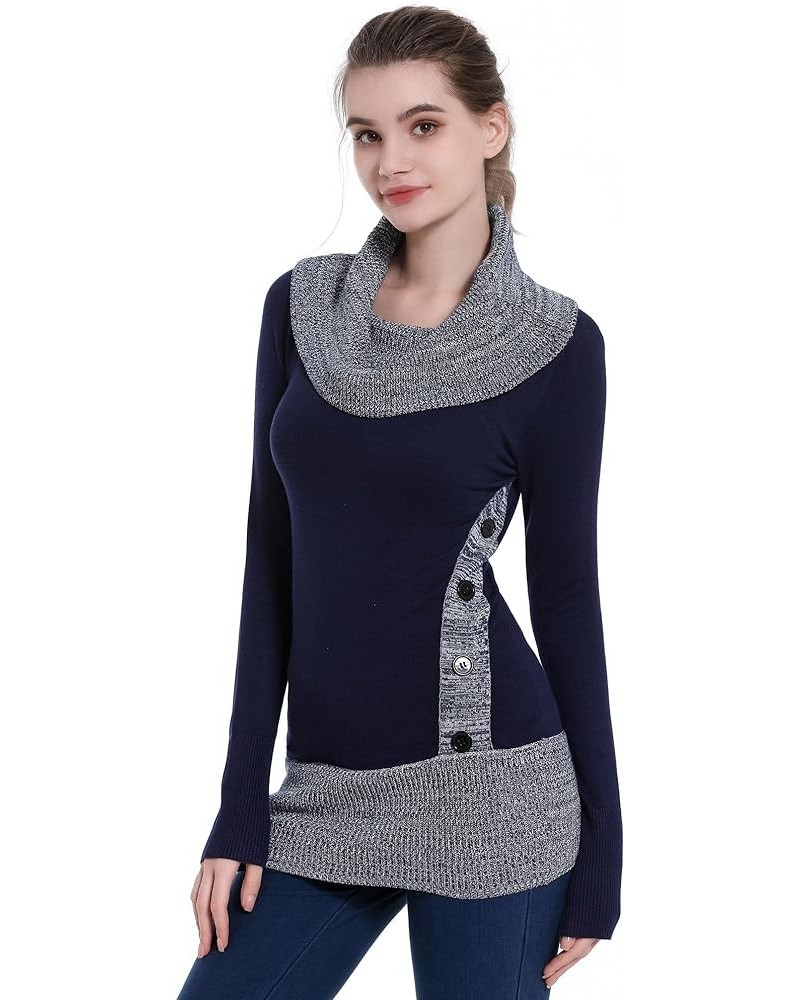 Women Cowl Neck Long Sleeve Button Embellished Tunic Sweater Navy Blue $21.56 Sweaters