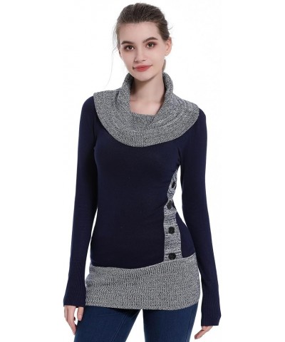 Women Cowl Neck Long Sleeve Button Embellished Tunic Sweater Navy Blue $21.56 Sweaters