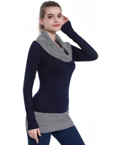 Women Cowl Neck Long Sleeve Button Embellished Tunic Sweater Navy Blue $21.56 Sweaters