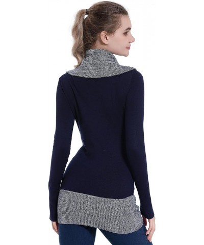 Women Cowl Neck Long Sleeve Button Embellished Tunic Sweater Navy Blue $21.56 Sweaters