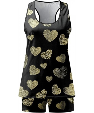 Valentine'S Day Pajamas For Women Sexy Heart Print Tank Tops Shorts Set Two Pieces Outfit Sleepwear Nightwear Lounge A06-blac...