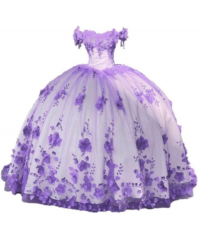 Women's Off The Shoulder Quinceanera Dresses Tulle 3D Flowers Party Gowns Lack Up Sweetheart 15 16 Dresses Lilac $76.05 Dresses