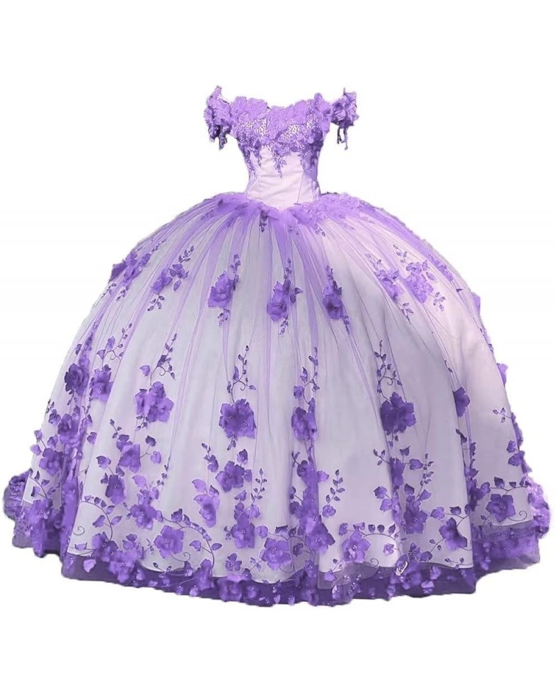 Women's Off The Shoulder Quinceanera Dresses Tulle 3D Flowers Party Gowns Lack Up Sweetheart 15 16 Dresses Lilac $76.05 Dresses