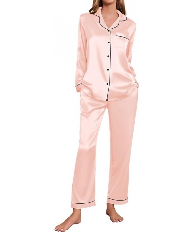 Silk Pajamas Women's Long Sleeve Sleepwear Satin Soft Button Down Loungewear Pjs Set S-XXL Pink $13.64 Sleep & Lounge