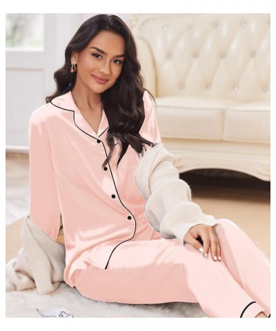 Silk Pajamas Women's Long Sleeve Sleepwear Satin Soft Button Down Loungewear Pjs Set S-XXL Pink $13.64 Sleep & Lounge