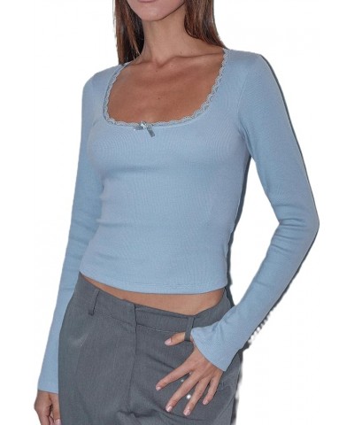 Y2k Lace Trim T Shirts Long Sleeve Sexy Slim Fit Square Neck Crop Tops Women Tight Fitted Cropped Going Out Tees Blue Square ...