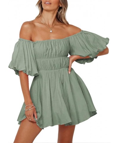 Womens Off The Shoulder Summer Dresses 2024 Short Lantern Sleeve Ruffle Elastic Waist A-Line Casual Mini Dress B Grey $19.97 ...