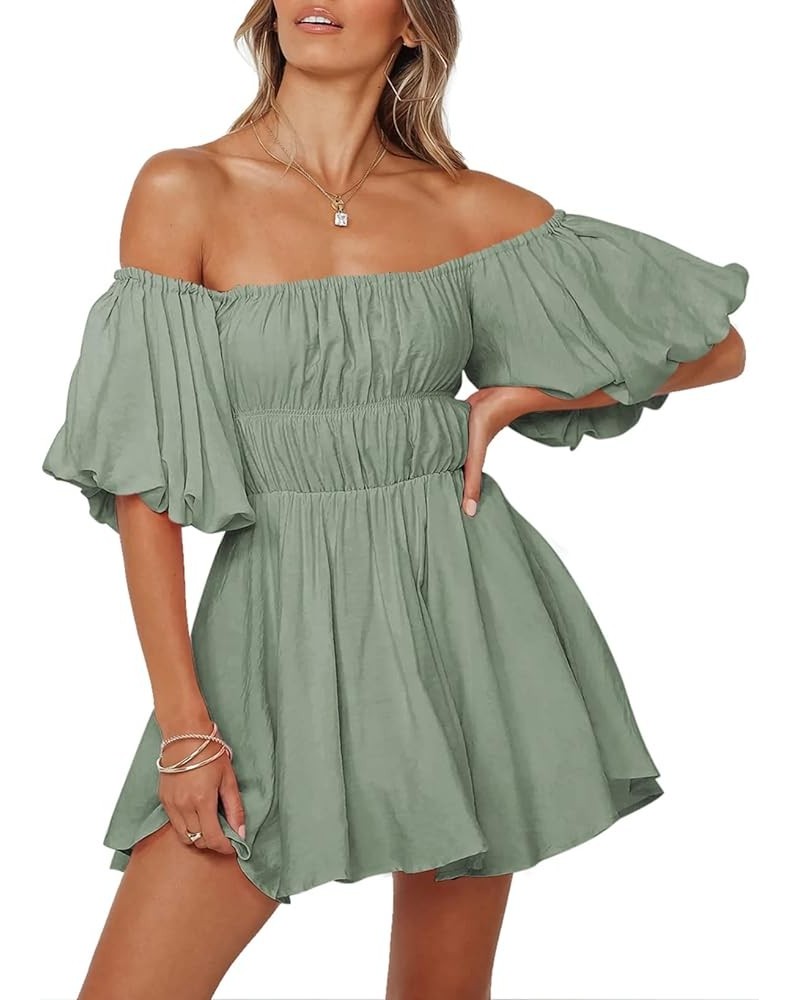 Womens Off The Shoulder Summer Dresses 2024 Short Lantern Sleeve Ruffle Elastic Waist A-Line Casual Mini Dress B Grey $19.97 ...