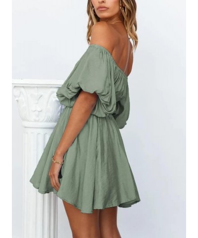 Womens Off The Shoulder Summer Dresses 2024 Short Lantern Sleeve Ruffle Elastic Waist A-Line Casual Mini Dress B Grey $19.97 ...