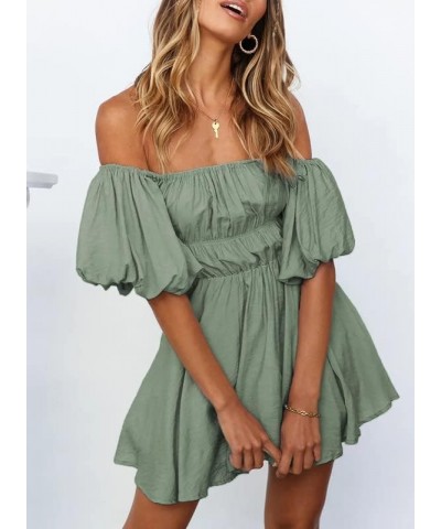 Womens Off The Shoulder Summer Dresses 2024 Short Lantern Sleeve Ruffle Elastic Waist A-Line Casual Mini Dress B Grey $19.97 ...