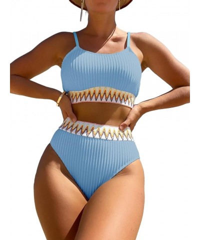 Ribbed Contrast High Waisted Tummy Control Bikini Set Spandex Swimsuit 2 Piece Light Blue $18.86 Swimsuits