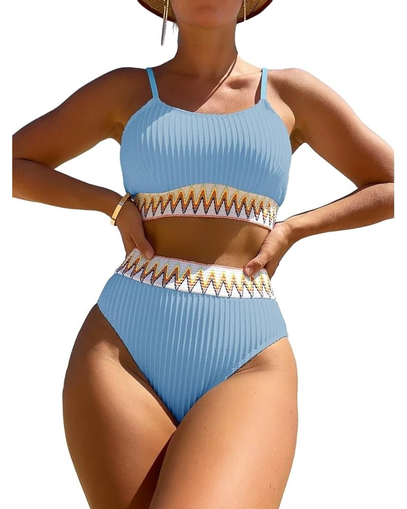 Ribbed Contrast High Waisted Tummy Control Bikini Set Spandex Swimsuit 2 Piece Light Blue $18.86 Swimsuits