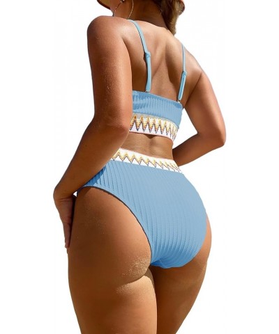 Ribbed Contrast High Waisted Tummy Control Bikini Set Spandex Swimsuit 2 Piece Light Blue $18.86 Swimsuits