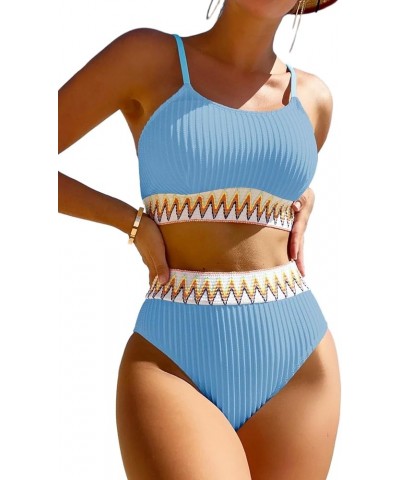 Ribbed Contrast High Waisted Tummy Control Bikini Set Spandex Swimsuit 2 Piece Light Blue $18.86 Swimsuits