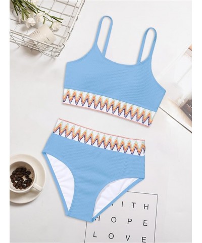 Ribbed Contrast High Waisted Tummy Control Bikini Set Spandex Swimsuit 2 Piece Light Blue $18.86 Swimsuits